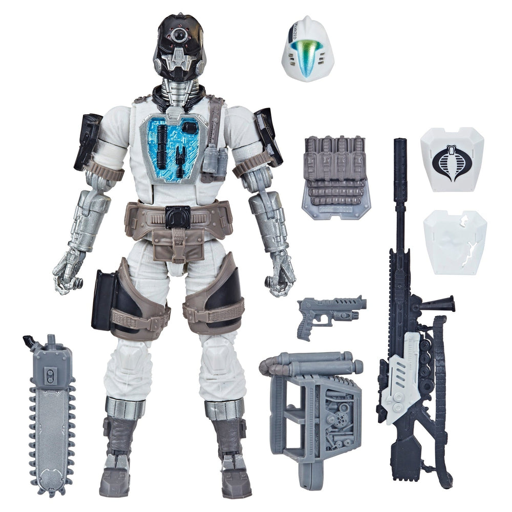 A 6.69-inch G.I. Joe Classified Series Arctic B.A.T. action figure posed in a battle-ready stance, showcasing its detailed design and multiple accessories.
