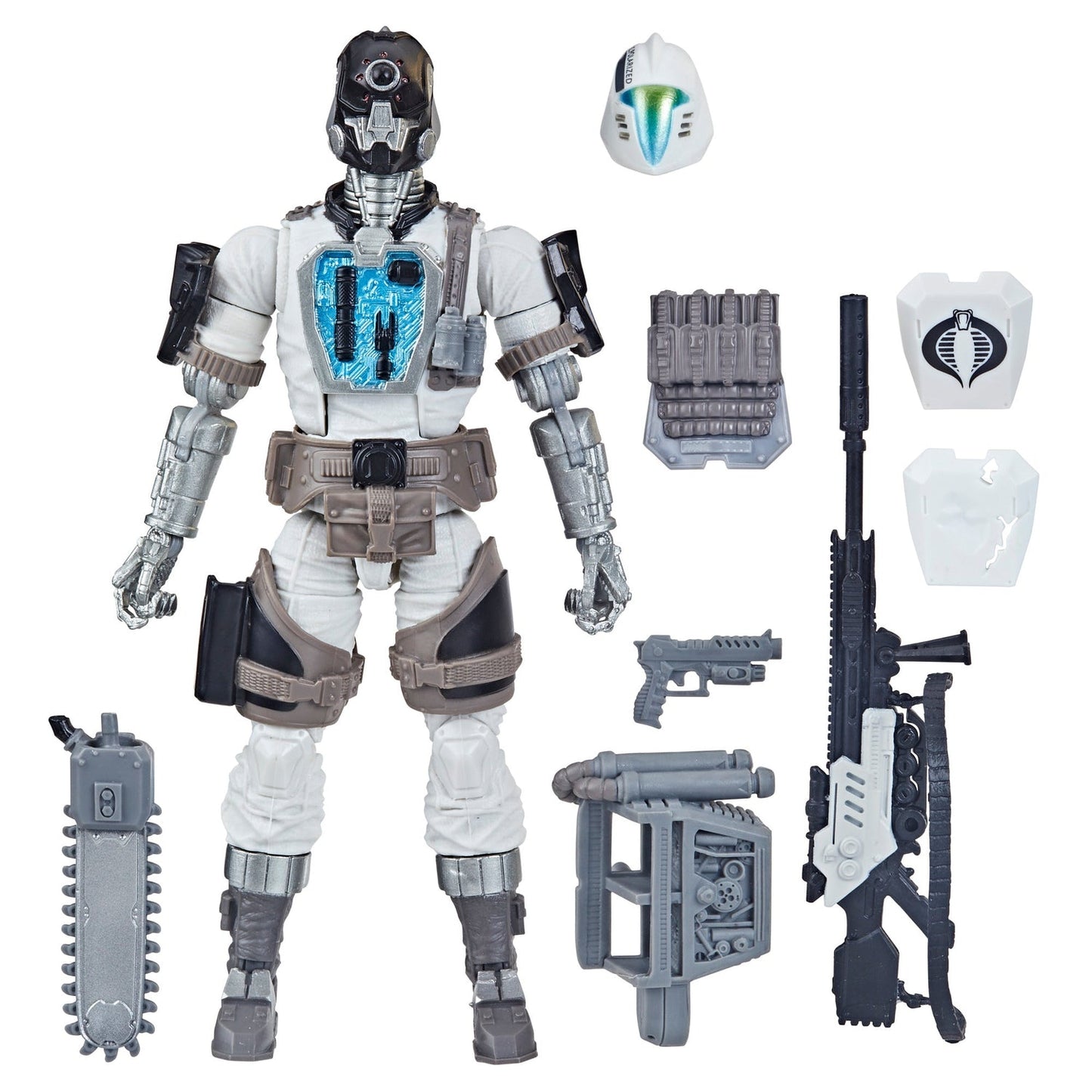 A 6.69-inch G.I. Joe Classified Series Arctic B.A.T. action figure posed in a battle-ready stance, showcasing its detailed design and multiple accessories.