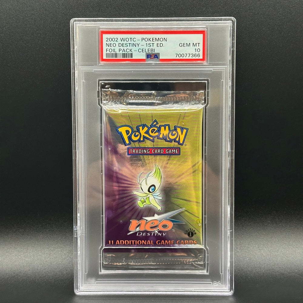 Image showcasing the 1st Edition Pokémon Neo Destiny Booster Pack. This enthralling pack, resplendent with vibrant and imaginative artwork, contains 11 cards from the treasured Neo Destiny set, printed by Wizards of the Coast. This pack boasts a PSA rating of 10, indicating perfect, gem mint condition.