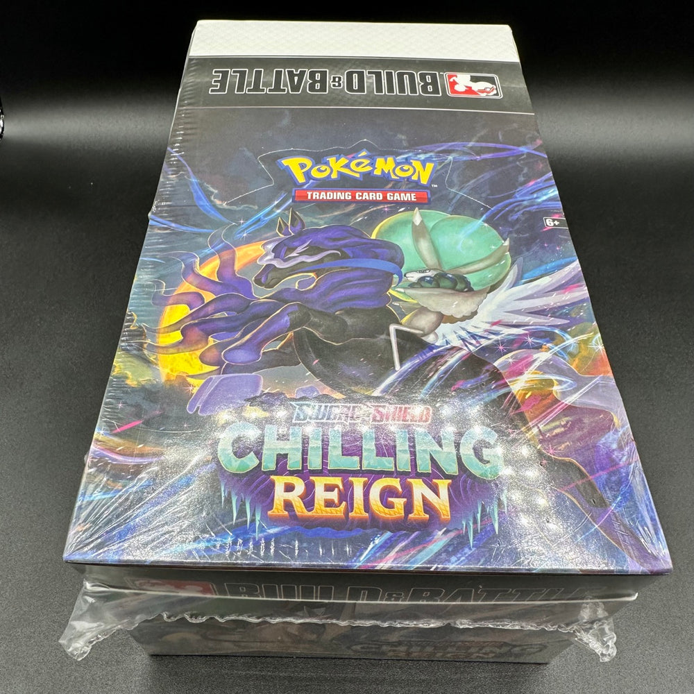 A factory-sealed box of the Sword & Shield Chilling Reign Build and Battle kit, containing a 23-card Evolution pack, four alternate-art promo cards, and four Pokémon TCG: Sword & Shield Chilling Reign booster packs.