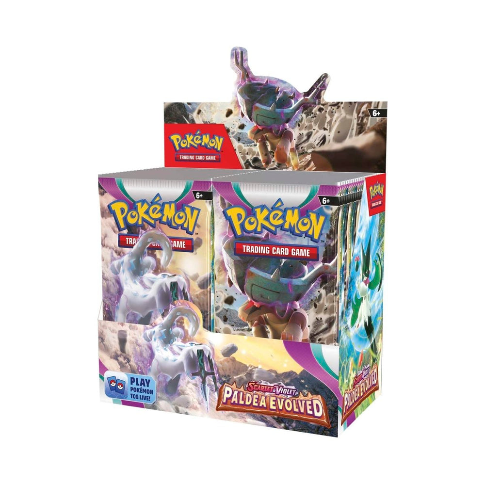 A Pokémon TCG: Scarlet & Violet—Paldea Evolved Booster Display Box from Generation Strange, containing 36 booster packs. Each pack promises a variety of 10 cards, including evolved forms of popular Pokémon and exciting newcomers.