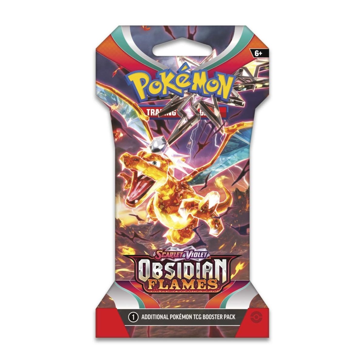 Image of the Pokémon TCG: Scarlet & Violet—Obsidian Flames Sleeved Booster Pack. The pack is enveloped by vibrant imagery of Charizard ex and other captivating Pokémon. This booster pack includes 10 cards and 1 Basic Energy, ready to expand your deck.