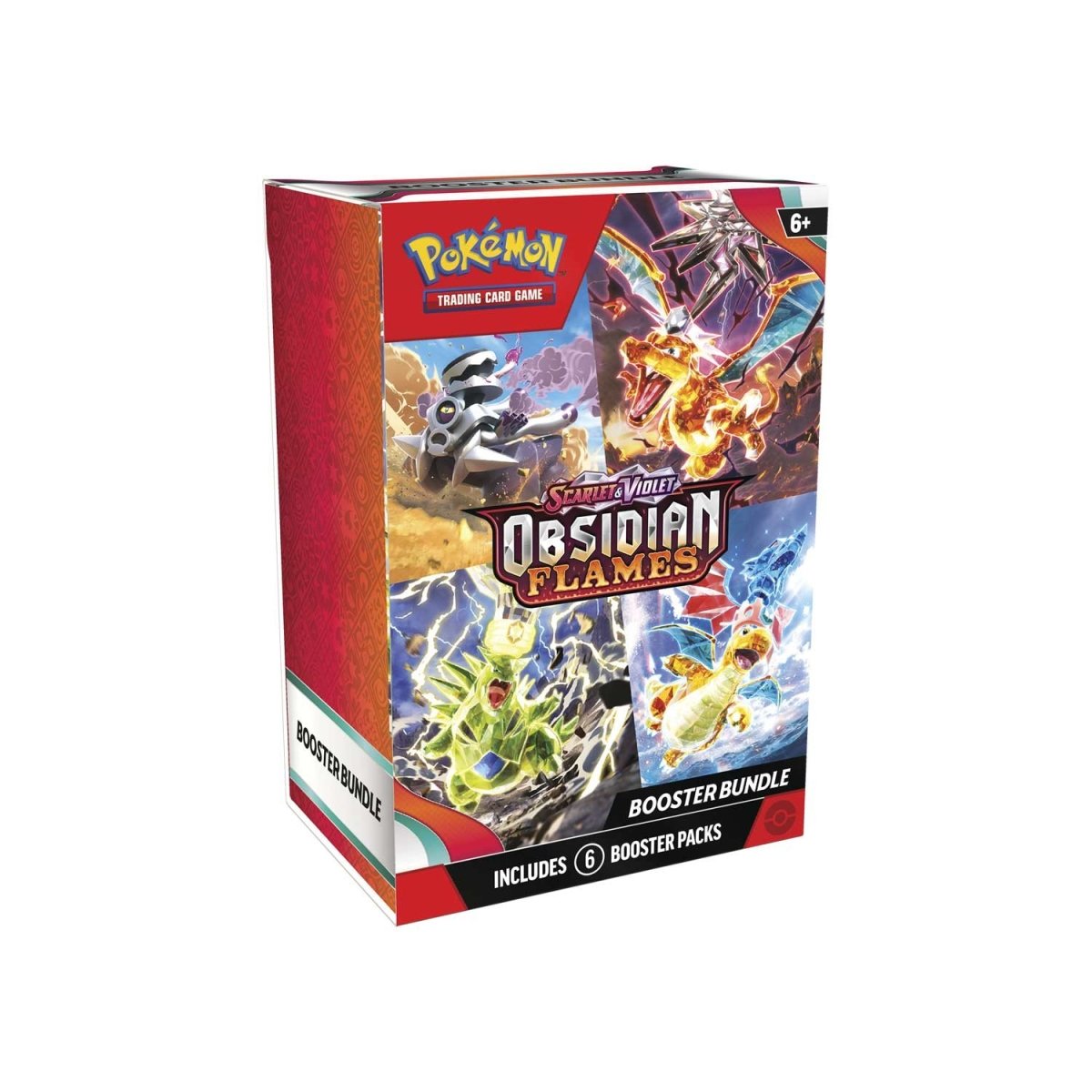 
                  
                    Image showing a Pokémon TCG: Scarlet & Violet—Obsidian Flames Booster Bundle. The bundle includes six vibrant booster packs with captivating illustrations of Charizard ex and a myriad of other extraordinary Pokémon. Each booster pack within the bundle contains 10 cards and 1 Basic Energy, the essential components for a thrilling Pokémon battle.
                  
                