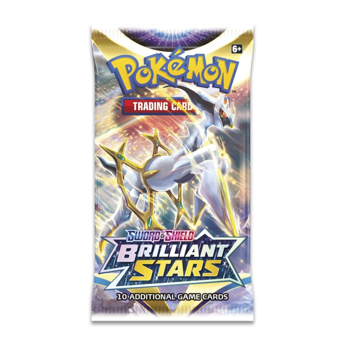 Image of the Pokémon TCG: Sword & Shield—Brilliant Stars Booster Pack. It's a shining beacon of strategic gameplay, featuring luminary Pokémon V like Arceus VSTAR, Shaymin VSTAR, Charizard VSTAR and powerful VMAX Pokémon like Mimikyu, Aggron, and Kingler in their Gigantamax form. Each pack carries 10 cards and either a basic energy or a VSTAR marker.