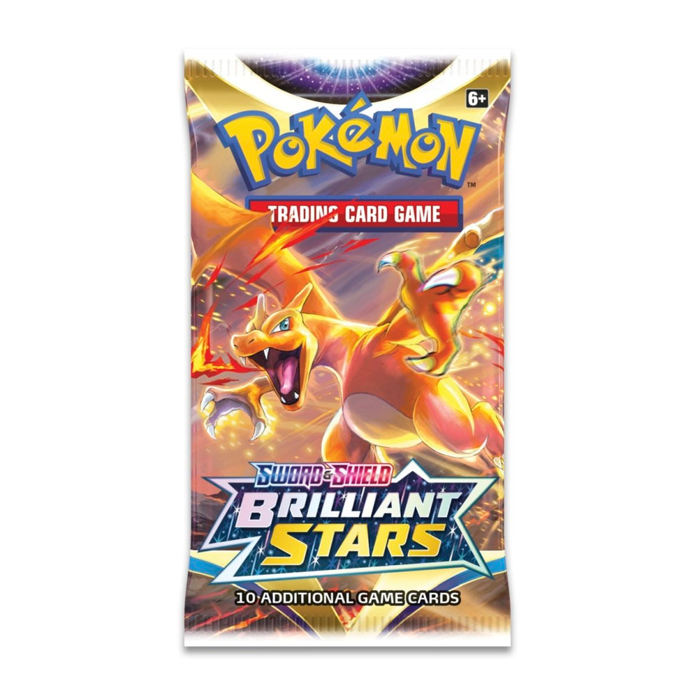 Image of the Pokémon TCG: Sword & Shield—Brilliant Stars Booster Pack. It's a shining beacon of strategic gameplay, featuring luminary Pokémon V like Arceus VSTAR, Shaymin VSTAR, Charizard VSTAR and powerful VMAX Pokémon like Mimikyu, Aggron, and Kingler in their Gigantamax form. Each pack carries 10 cards and either a basic energy or a VSTAR marker.