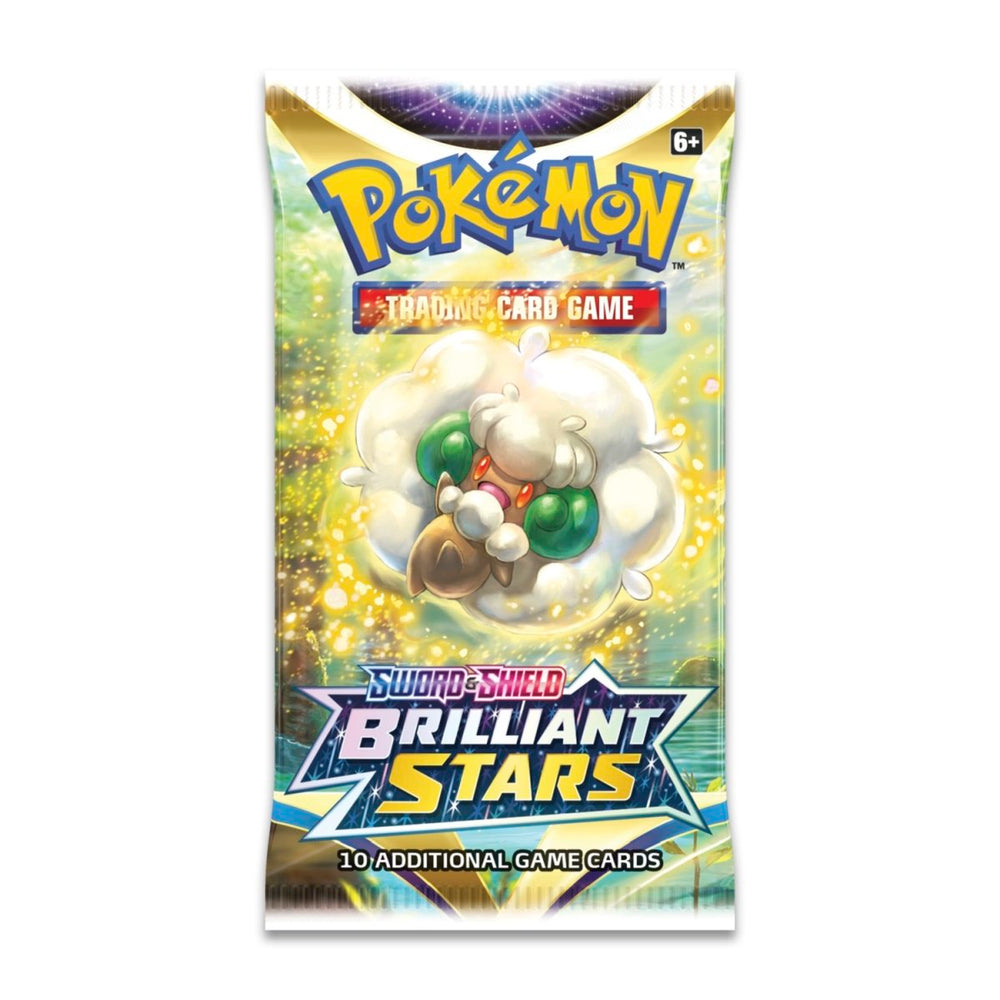 
                  
                    Image of the Pokémon TCG: Sword & Shield—Brilliant Stars Booster Pack. It's a shining beacon of strategic gameplay, featuring luminary Pokémon V like Arceus VSTAR, Shaymin VSTAR, Charizard VSTAR and powerful VMAX Pokémon like Mimikyu, Aggron, and Kingler in their Gigantamax form. Each pack carries 10 cards and either a basic energy or a VSTAR marker.
                  
                