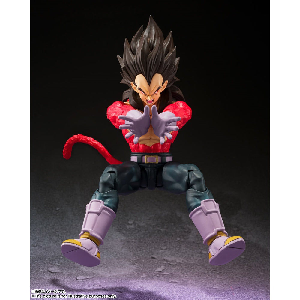 
                  
                    A highly articulated Super Saiyan 4 Vegeta figure from Dragon Ball GT, standing under 6 inches tall. Comes with three face plates, five pairs of interchangeable hands, a tail, and an energy blast effect.
                  
                