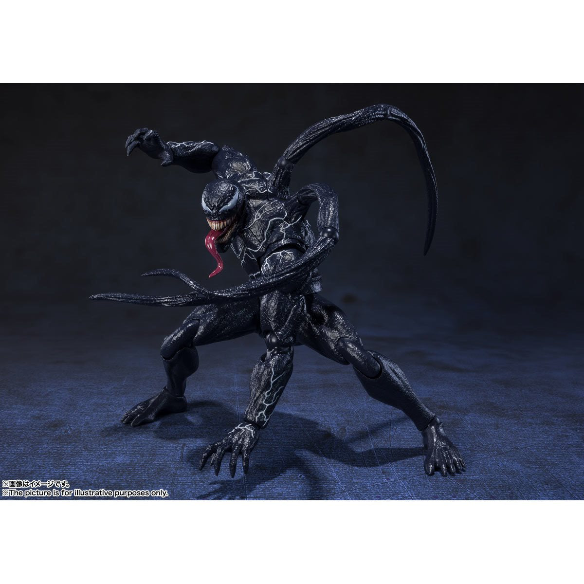 
                  
                    A detailed S.H.Figuarts Venom action figure standing 7.5 inches tall, with optional parts including three alternate head sculpts, two pairs of interchangeable hands, and two back tentacles. A bonus Venom symbiote head and pedestal are also displayed.
                  
                