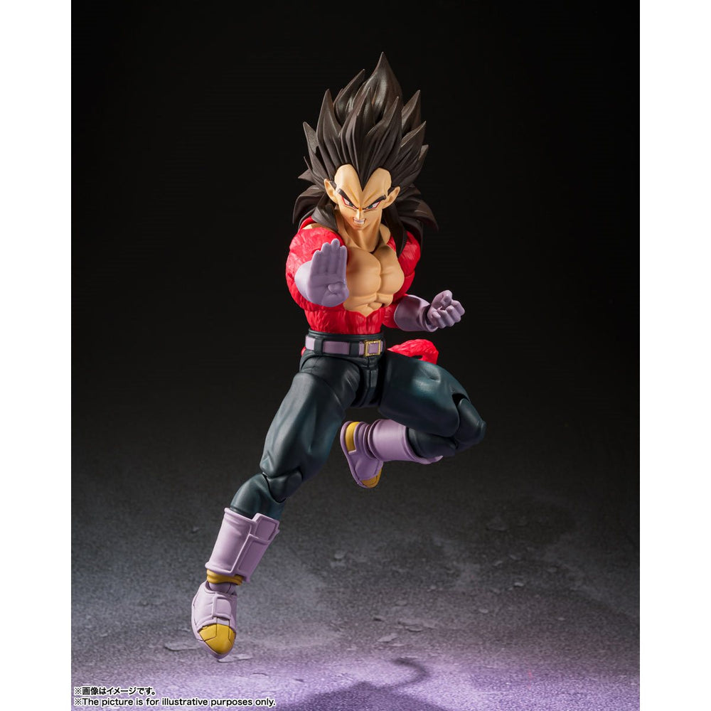 
                  
                    A highly articulated Super Saiyan 4 Vegeta figure from Dragon Ball GT, standing under 6 inches tall. Comes with three face plates, five pairs of interchangeable hands, a tail, and an energy blast effect.
                  
                