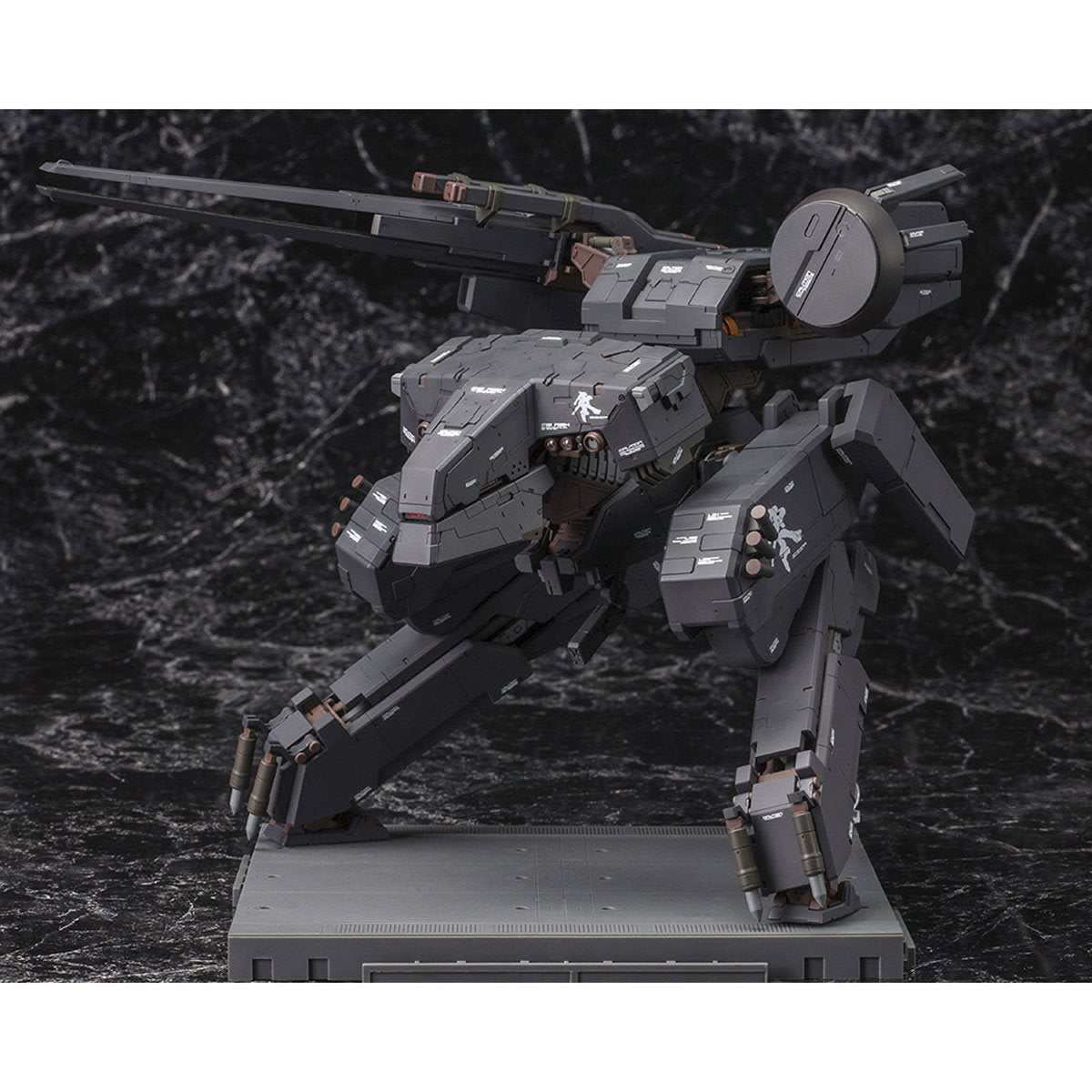 
                  
                    Metal Gear Solid METAL GEAR REX Black Version 1:100 Scale Model Kit featuring a sleek black REX, four unpainted mini-figures, new decals, and a hangar-themed base.
                  
                