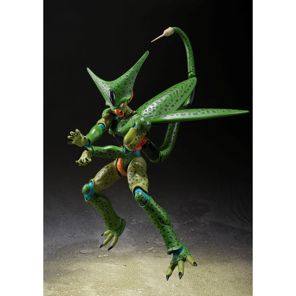 Dragon Ball Z Cell First Form S.H.Figuarts Action Figure - A highly detailed and articulated plastic figure of Cell in his First Form from Dragon Ball Z. Stands over 6 inches tall, featuring interchangeable hands, faces, and tail parts.