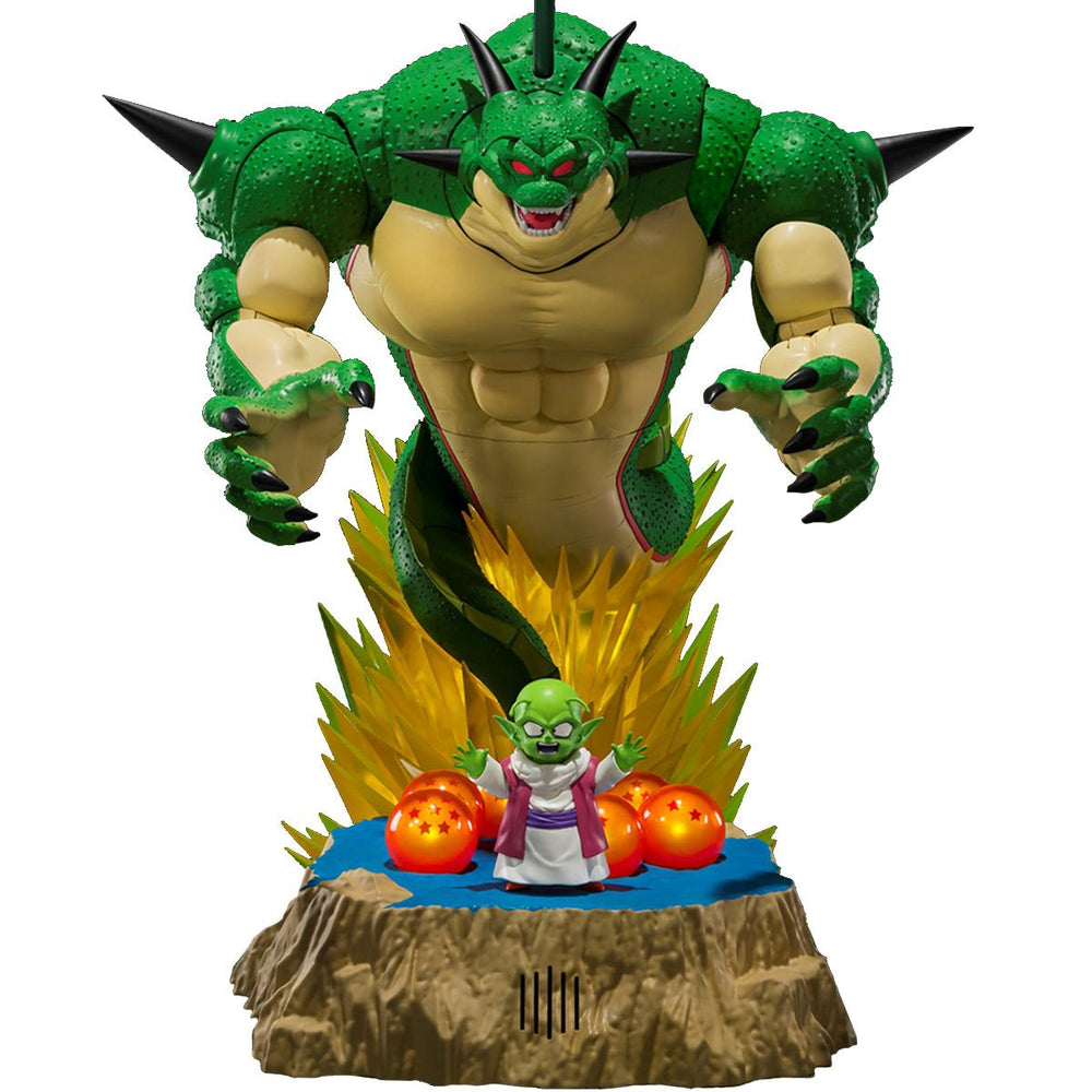 An 11.02 inches S.H.Figuarts Porunga figure with optional hands, alongside a Dende figure with interchangeable head and hands. Includes seven Namekian Dragon Balls, Porunga Stand, Dragon Ball Stand, and features lights and sounds from the Dragon Ball Z anime series.