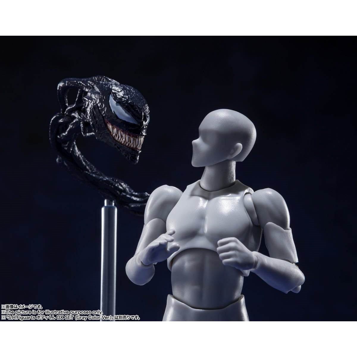 
                  
                    A detailed S.H.Figuarts Venom action figure standing 7.5 inches tall, with optional parts including three alternate head sculpts, two pairs of interchangeable hands, and two back tentacles. A bonus Venom symbiote head and pedestal are also displayed.
                  
                