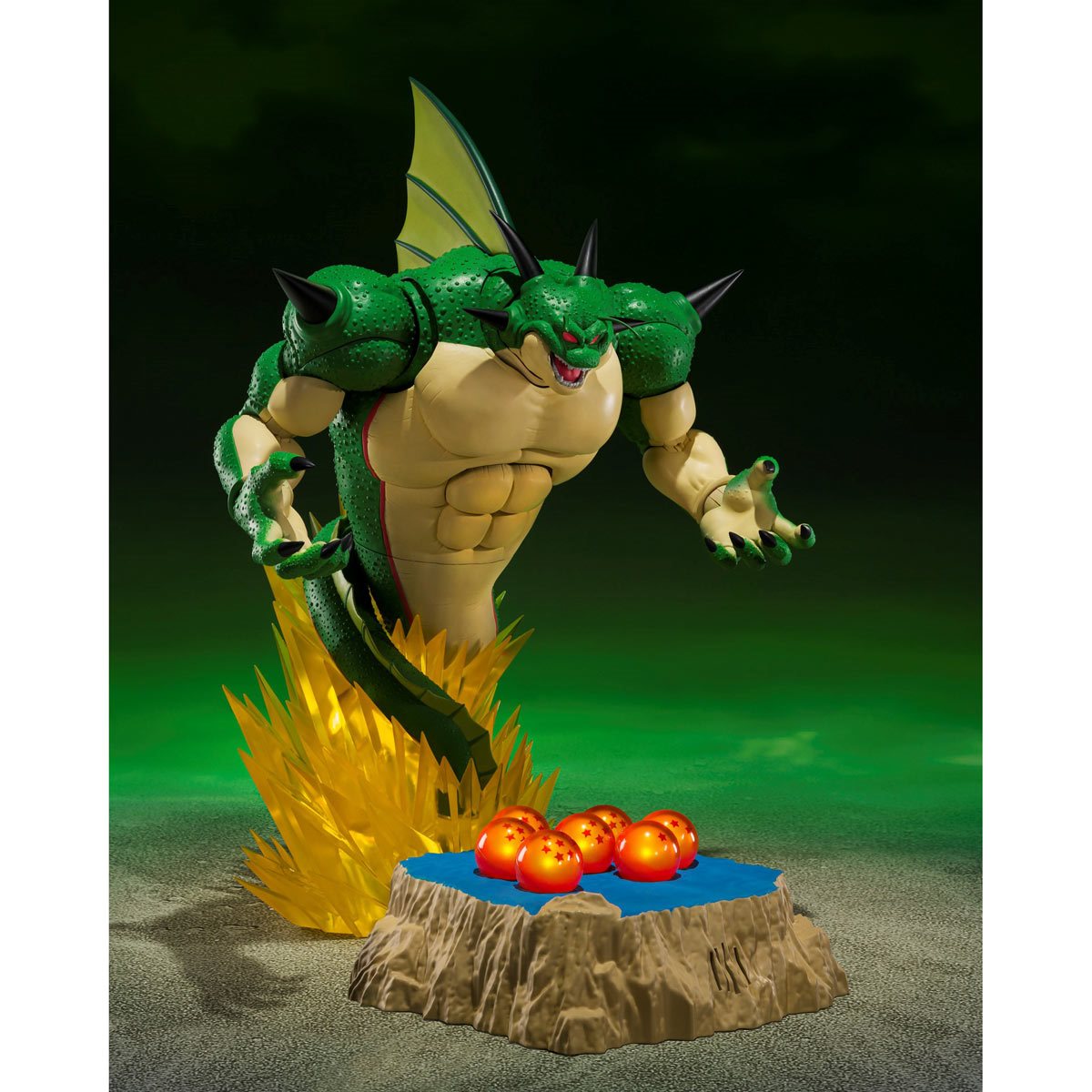 
                  
                    An 11.02 inches S.H.Figuarts Porunga figure with optional hands, alongside a Dende figure with interchangeable head and hands. Includes seven Namekian Dragon Balls, Porunga Stand, Dragon Ball Stand, and features lights and sounds from the Dragon Ball Z anime series.
                  
                