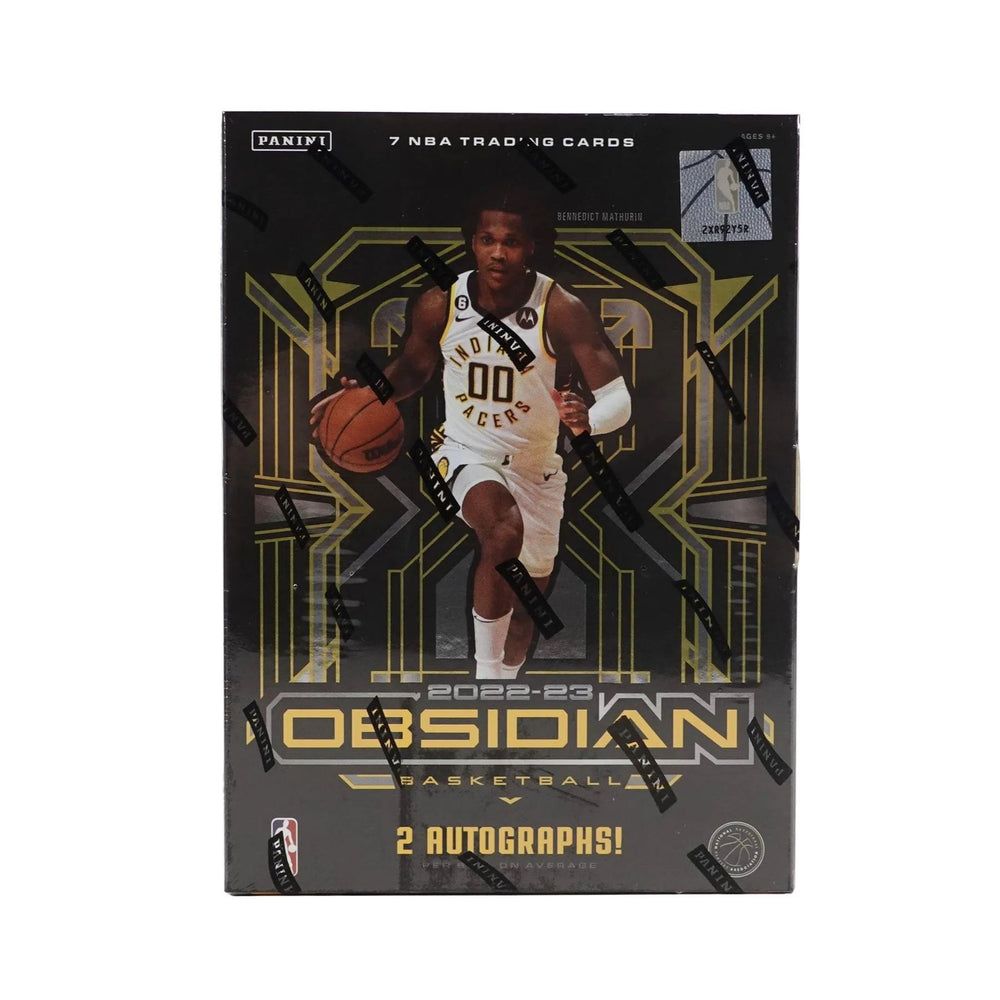 Image of the 2022-23 Panini Obsidian Basketball Hobby Box, a collection of unique, die-cut basketball trading cards including 2 Autographs, 2 Inserts/Parallels, and hobby-exclusive base parallels. Look for rare Rookie Autographs and superstar player Autographs.