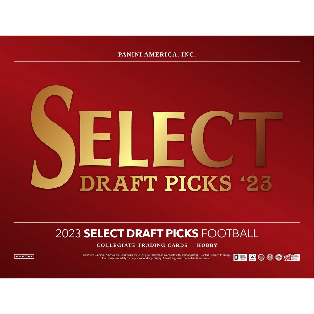 
                  
                    Image shows a 2023 Panini Select Draft Picks Collegiate Football Cards Box, promising an exciting mix of autographed cards, silver prizm parallels, and hobby-exclusive inserts from stars of the 2023 NFL Draft class and legendary performers.
                  
                