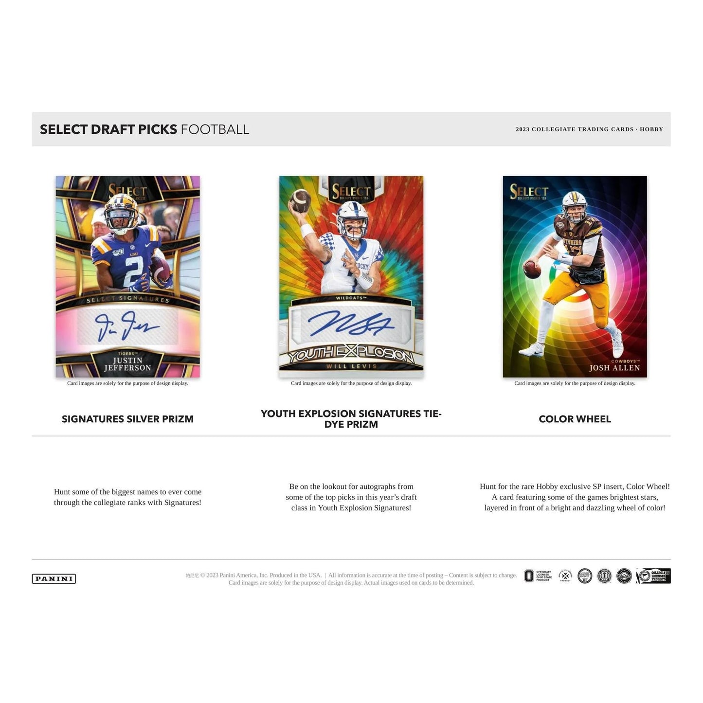 
                  
                    Image shows a 2023 Panini Select Draft Picks Collegiate Football Cards Box, promising an exciting mix of autographed cards, silver prizm parallels, and hobby-exclusive inserts from stars of the 2023 NFL Draft class and legendary performers.
                  
                