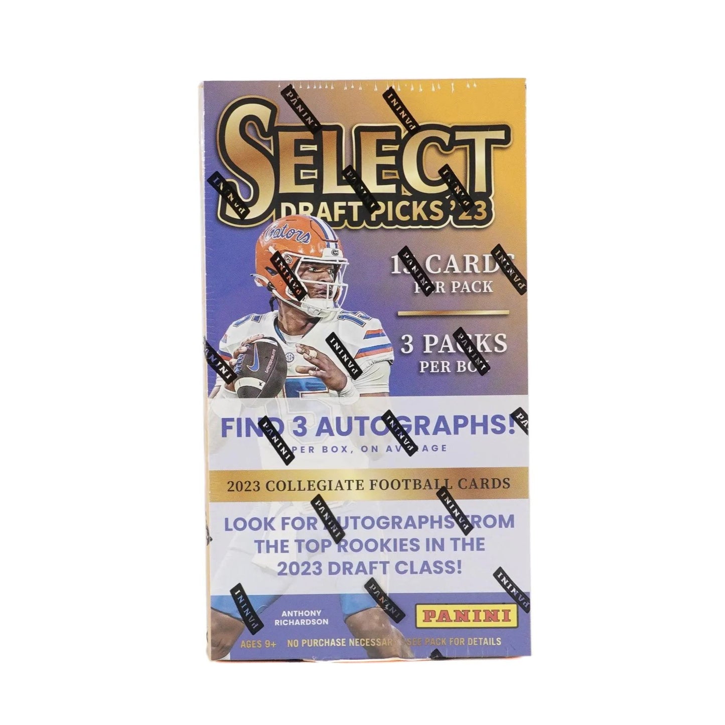 Image shows a 2023 Panini Select Draft Picks Collegiate Football Cards Box, promising an exciting mix of autographed cards, silver prizm parallels, and hobby-exclusive inserts from stars of the 2023 NFL Draft class and legendary performers.