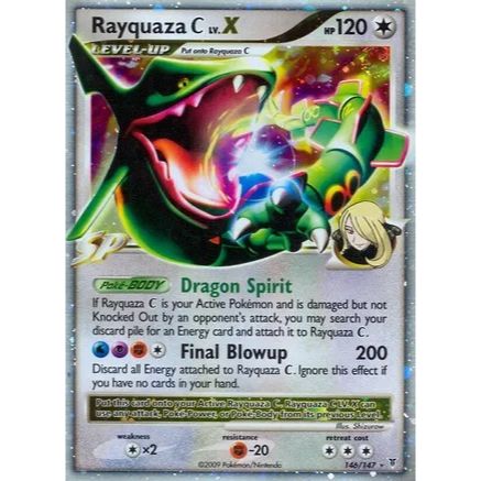 Ultra-Rare Supreme Victors Rayquaza C LV.X Pokémon card, featuring Dragon Spirit ability and Final Blowup attack.