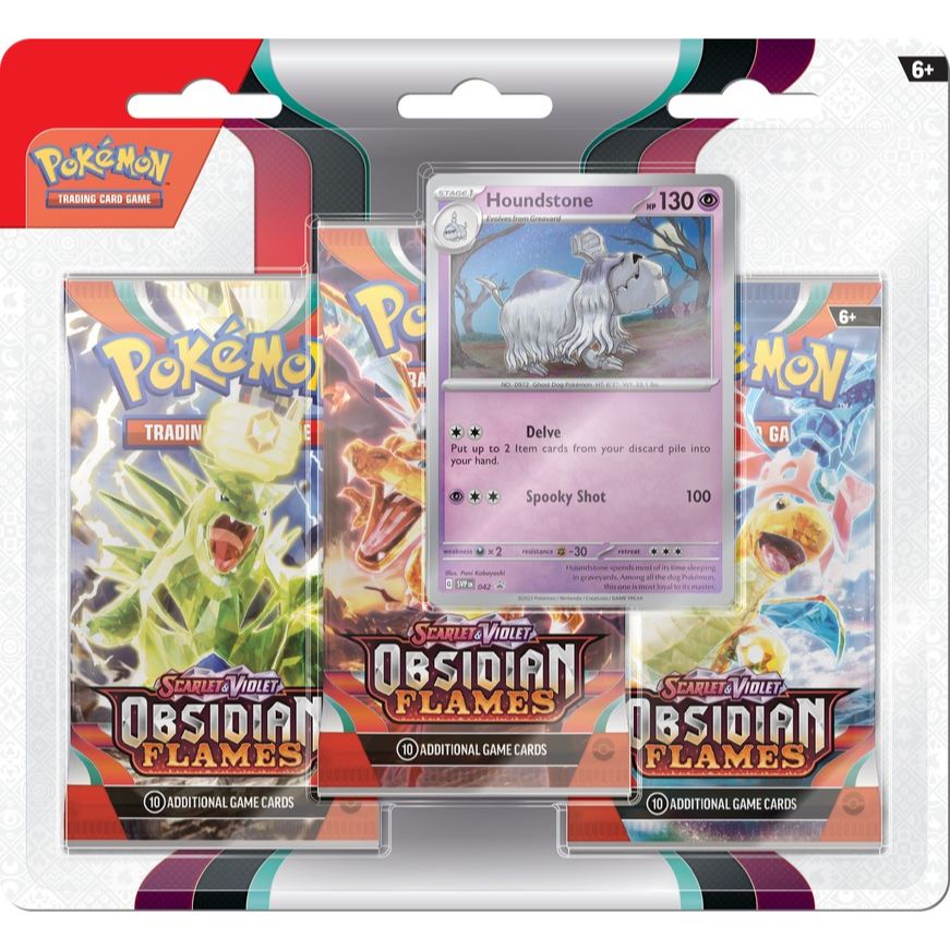 Image shows a 3-pack blister of the Pokémon TCG: Scarlet & Violet—Obsidian Flames series. Each pack promises an enthralling battle experience with cards featuring Charizard ex, Tyranitar ex, and many more extraordinary Pokémon.