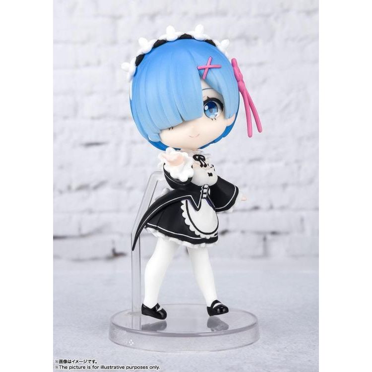 A 3.5-inch Figuarts mini Rem figure from "Re:Zero Starting Life in Another World", featuring lifelike eyes, squashed proportions, and interchangeable arms on a sturdy stand.