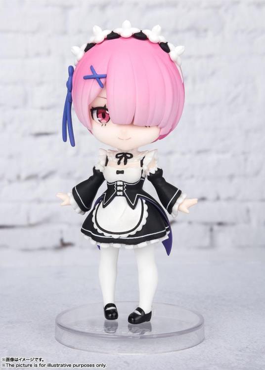 
                  
                    Image showcasing Figuarts mini Ram from the Re:Zero Starting Life in Another World anime series, including the Ram figure with lifelike eyes, squashed proportions, two interchangeable arms, and a display stand.
                  
                
