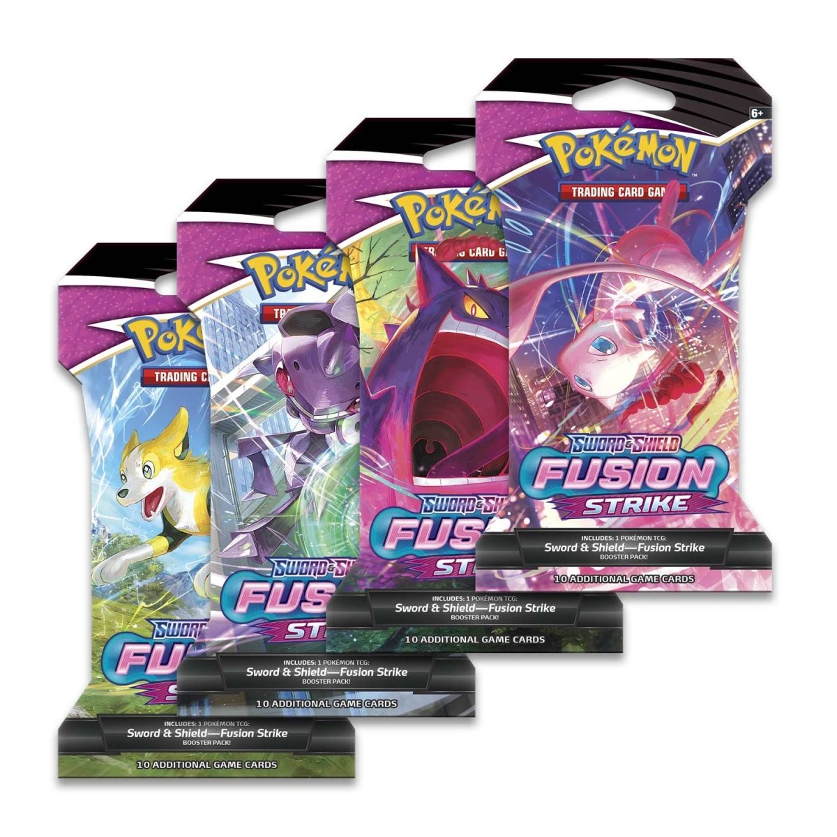 A visual representation of a Pokémon TCG: Sword & Shield—Fusion Strike Sleeved Booster Pack. It signifies the limitless potential of fusion strike styles with potent Pokémon V like Genesect V, Hoopa V, and Mew VMAX. The pack includes 10 trading cards and a basic energy card.