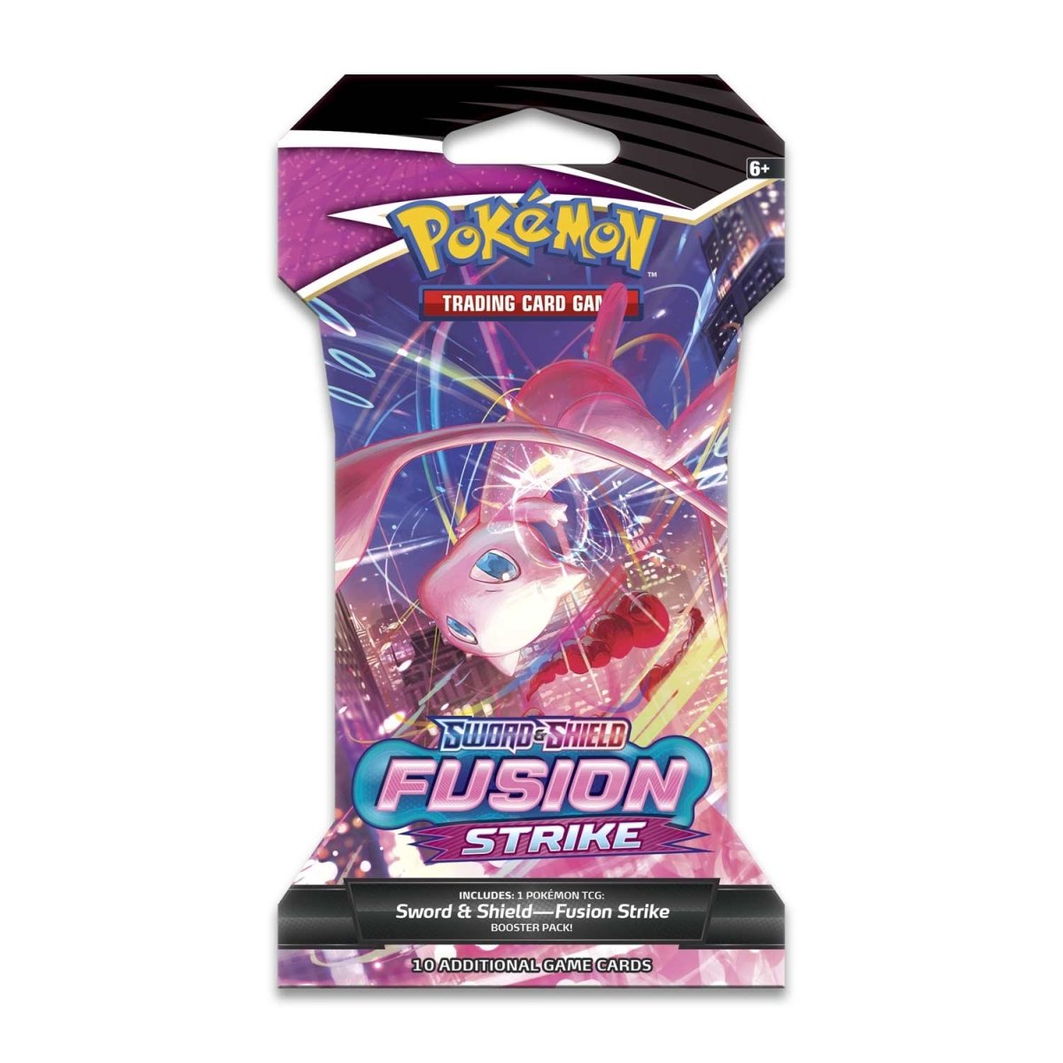 Pokémon TCG Sword & Shield Fusion Strike Sleeved Booster Pack 10 CardsA visual representation of a Pokémon TCG: Sword & Shield—Fusion Strike Sleeved Booster Pack. It signifies the limitless potential of fusion strike styles with potent Pokémon V like Genesect V, Hoopa V, and Mew VMAX. The pack includes 10 trading cards and a basic energy card.