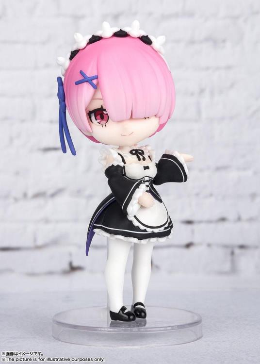 
                  
                    Image showcasing Figuarts mini Ram from the Re:Zero Starting Life in Another World anime series, including the Ram figure with lifelike eyes, squashed proportions, two interchangeable arms, and a display stand.
                  
                