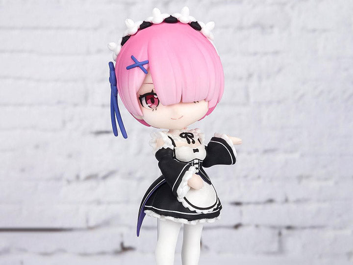 Image showcasing Figuarts mini Ram from the Re:Zero Starting Life in Another World anime series, including the Ram figure with lifelike eyes, squashed proportions, two interchangeable arms, and a display stand.