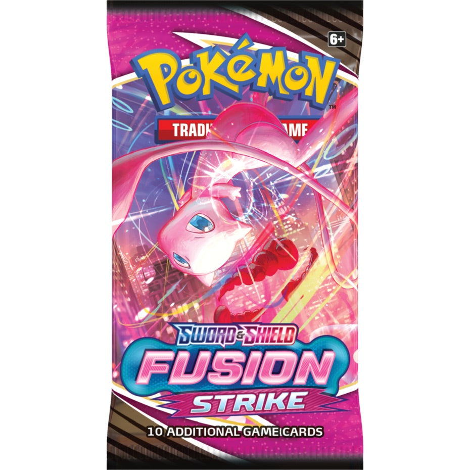 
                  
                    Image of a Pokémon TCG: Sword & Shield—Fusion Strike Booster Pack. It indicates the limitless strategic potential of fusion strike styles, featuring Pokémon V cards like Genesect V, Hoopa V, and Mew VMAX. Pack includes 10 cards and a basic energy card.
                  
                
