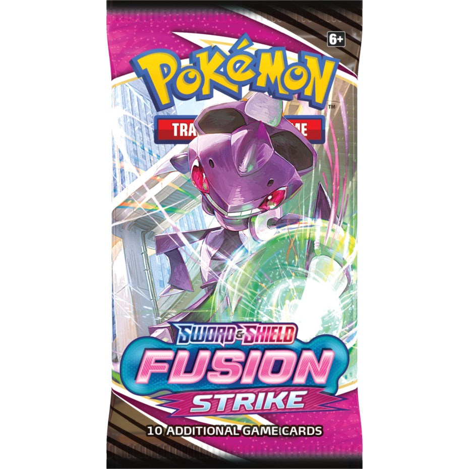 
                  
                    Image of a Pokémon TCG: Sword & Shield—Fusion Strike Booster Pack. It indicates the limitless strategic potential of fusion strike styles, featuring Pokémon V cards like Genesect V, Hoopa V, and Mew VMAX. Pack includes 10 cards and a basic energy card.
                  
                