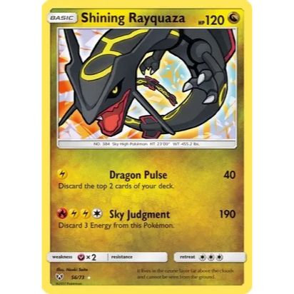 Image displaying the Shining Rayquaza Pokémon card, a shiny holo rare Dragon-type card with 120 HP. The card features captivating artwork of Rayquaza, radiating power and majesty, set against a holographic background.
