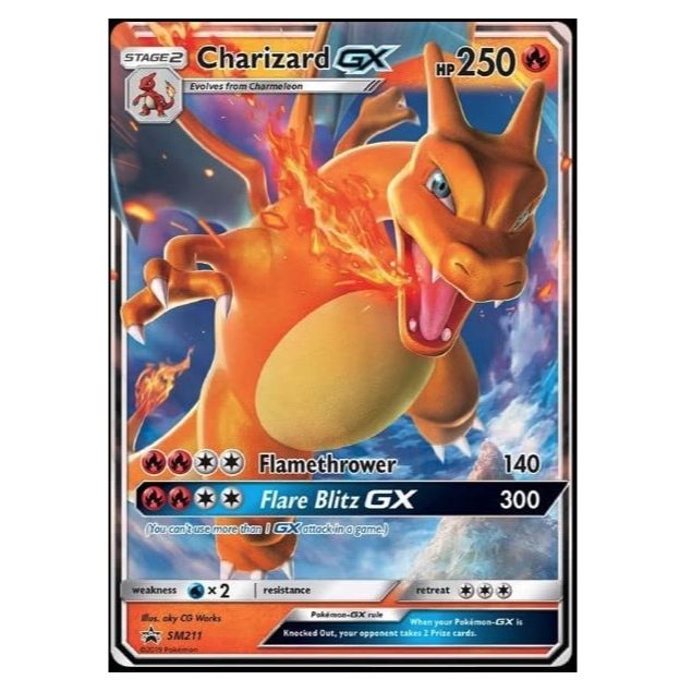 An image of the Charizard GX SM211 Promo Card, a fire-type Pokémon card with a visually striking design. The card showcases unique artwork from aky CG Works, depicting Charizard in an epic stance, with vibrant hues of red, orange, and yellow engulfing it.
