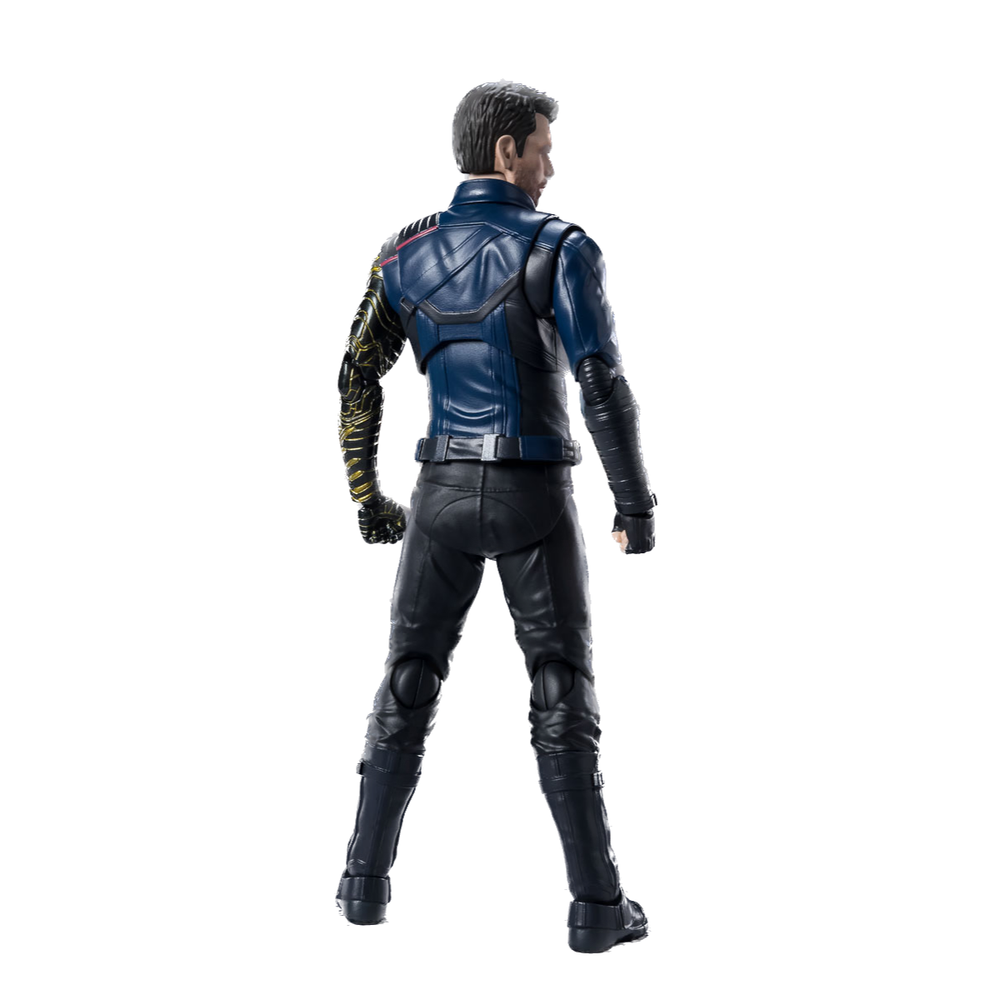 The Falcon and the Winter Soldier S.H.Figuarts Bucky Barnes figure. The figure is approximately 6 inches tall and made of plastic. It includes two interchangeable head sculpts and an articulated stand for posing. Highly detailed and fully articulated.