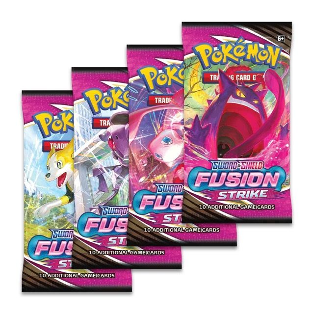 Image of a Pokémon TCG: Sword & Shield—Fusion Strike Booster Pack. It indicates the limitless strategic potential of fusion strike styles, featuring Pokémon V cards like Genesect V, Hoopa V, and Mew VMAX. Pack includes 10 cards and a basic energy card.
